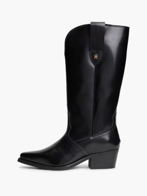 black th monogram leather cowboy boots for women tommy hilfiger