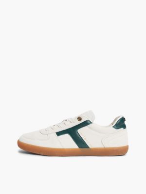 beige th tribeca suede mixed texture enamel flag trainers for women tommy hilfiger