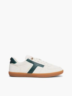 beige th tribeca suede mixed texture enamel flag trainers for women tommy hilfiger
