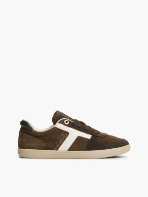 brown th tribeca suede mixed texture enamel flag trainers for women tommy hilfiger