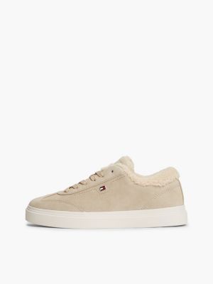 beige leather warm lined cupsole trainers for women tommy hilfiger