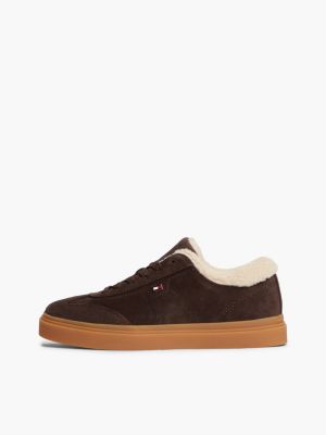 brown leather warm lined cupsole trainers for women tommy hilfiger