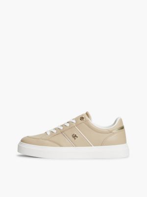 beige pebble grain leather cupsole trainers for women tommy hilfiger