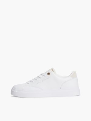 beige th monogram leather cupsole trainers for women tommy hilfiger