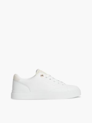 beige th monogram leather cupsole trainers for women tommy hilfiger