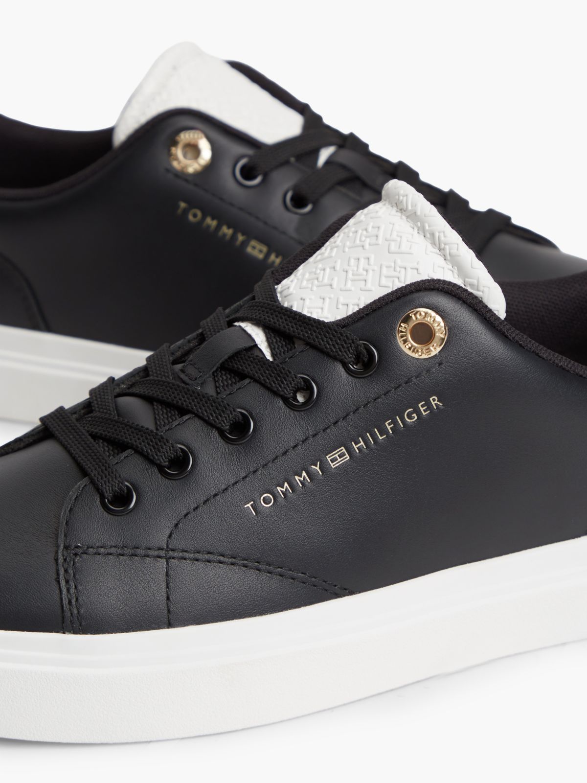 Leather Contrast Heel Cupsole Trainers — Black
