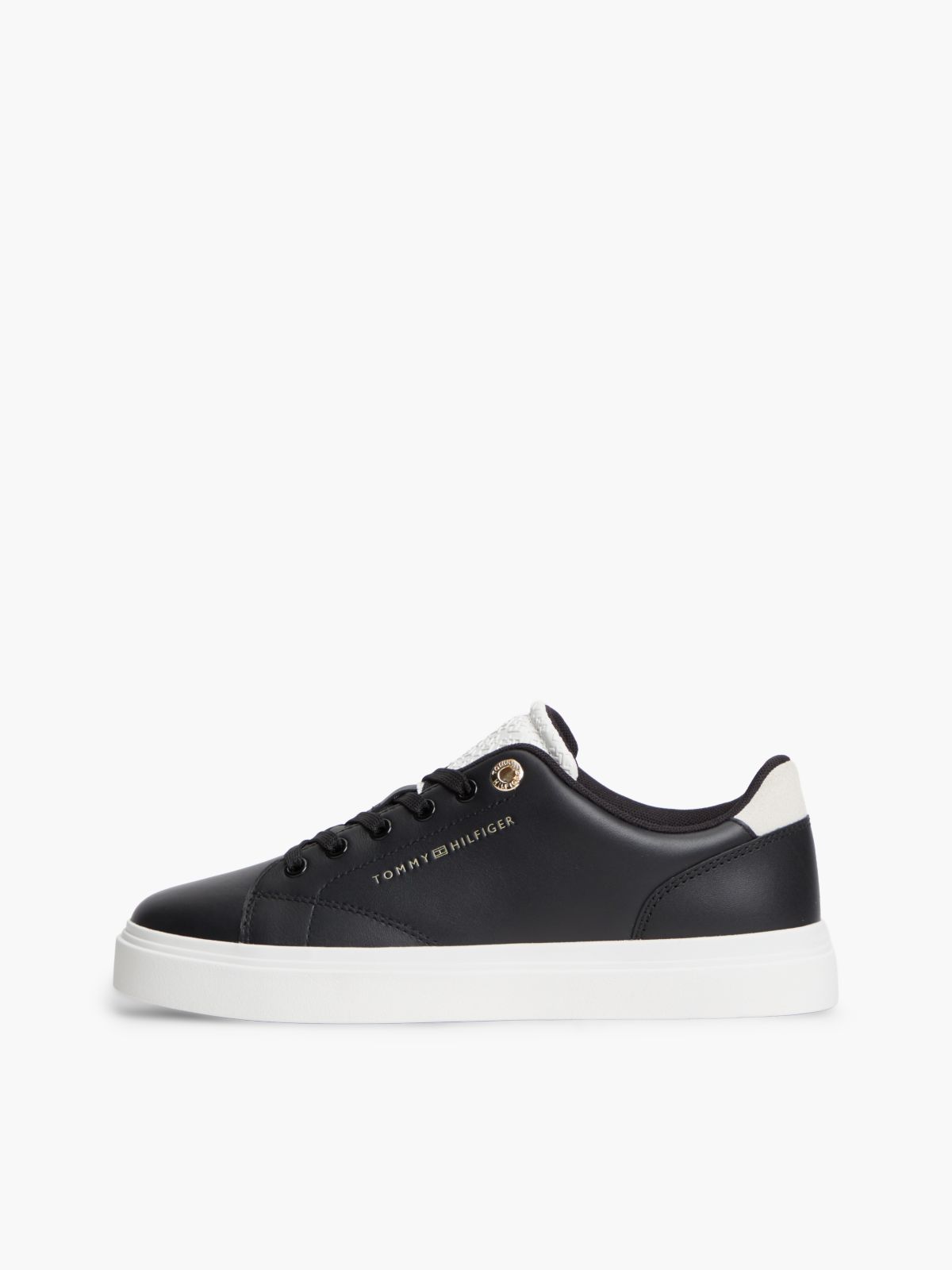 Leather Contrast Heel Cupsole Trainers — Black