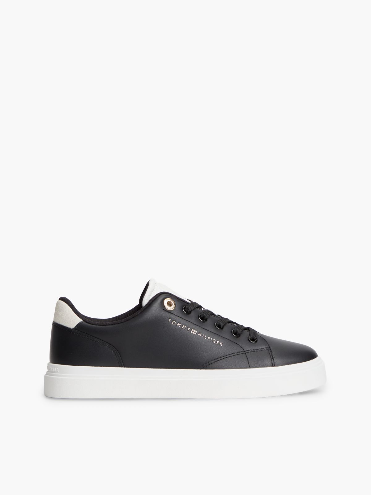 Leather Contrast Heel Cupsole Trainers — Black