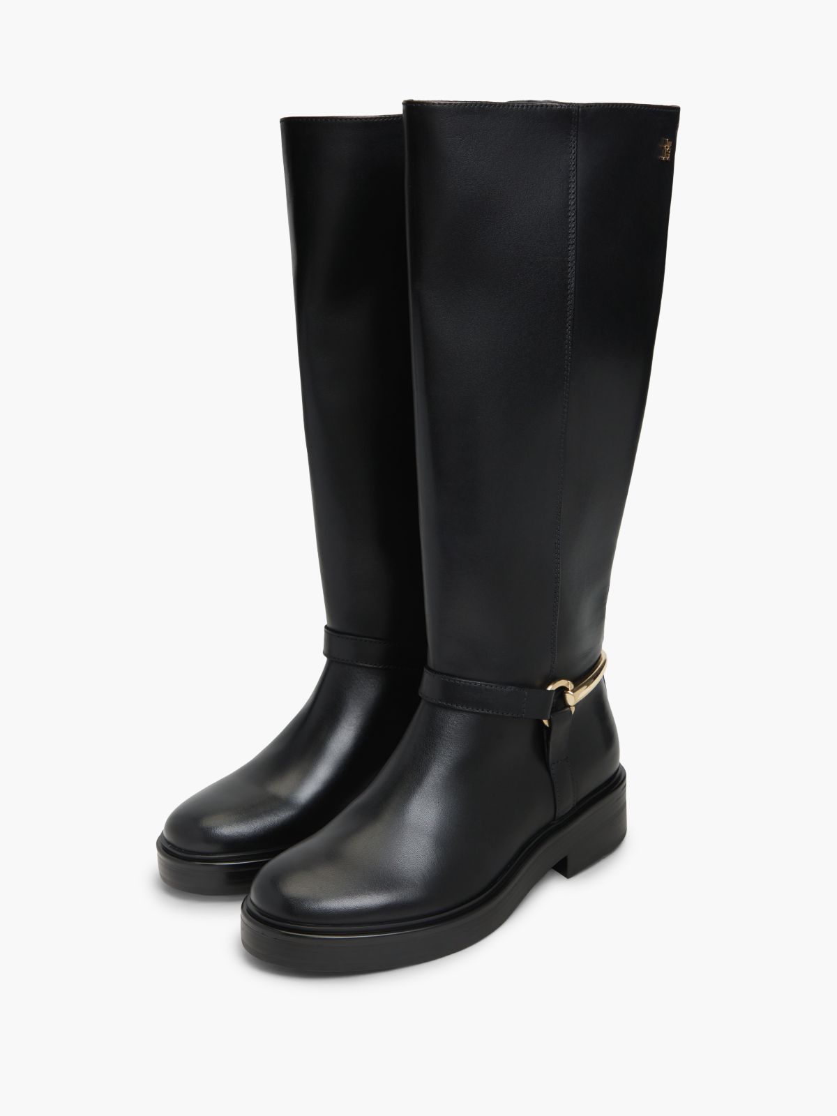 Gold-Tone Hardware Leather Riding Boots — Black
