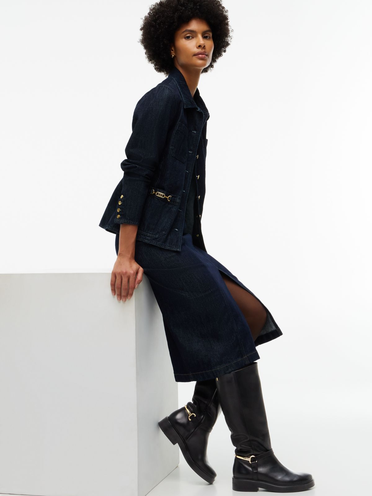 Gold-Tone Hardware Leather Riding Boots — Black