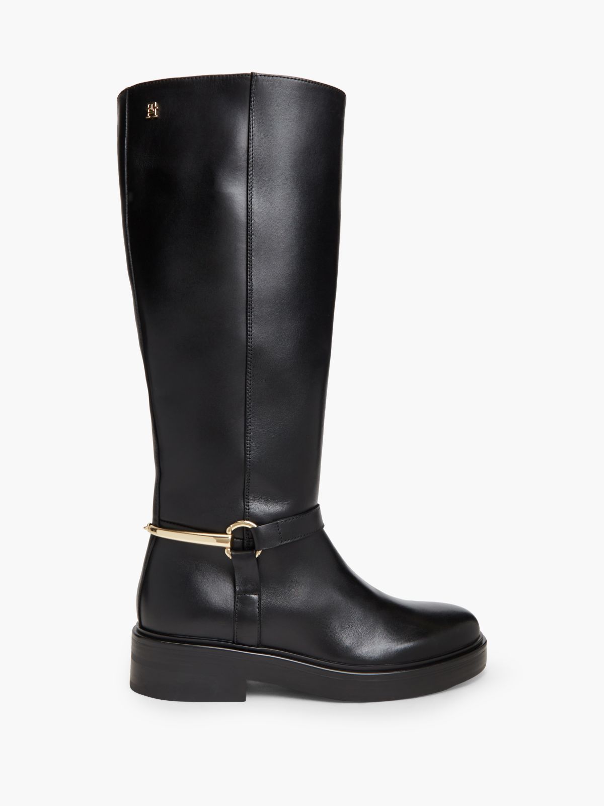 Gold-Tone Hardware Leather Riding Boots — Black