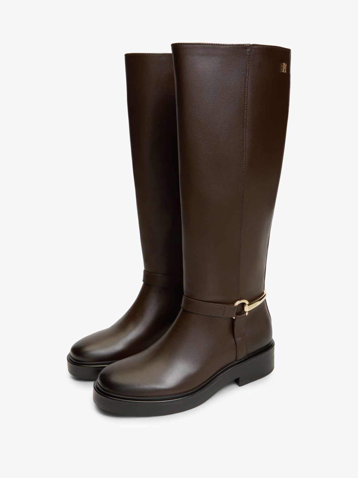 Gold-Tone Hardware Leather Riding Boots — Brown