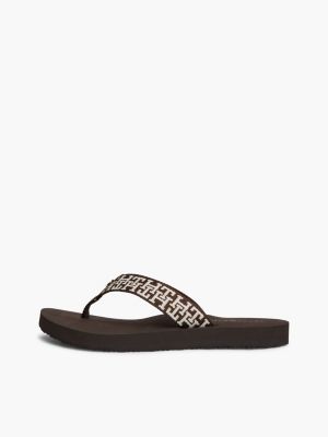 brown th monogram webbing strap flip-flops for women tommy hilfiger