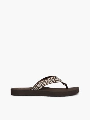 brown th monogram webbing strap flip-flops for women tommy hilfiger