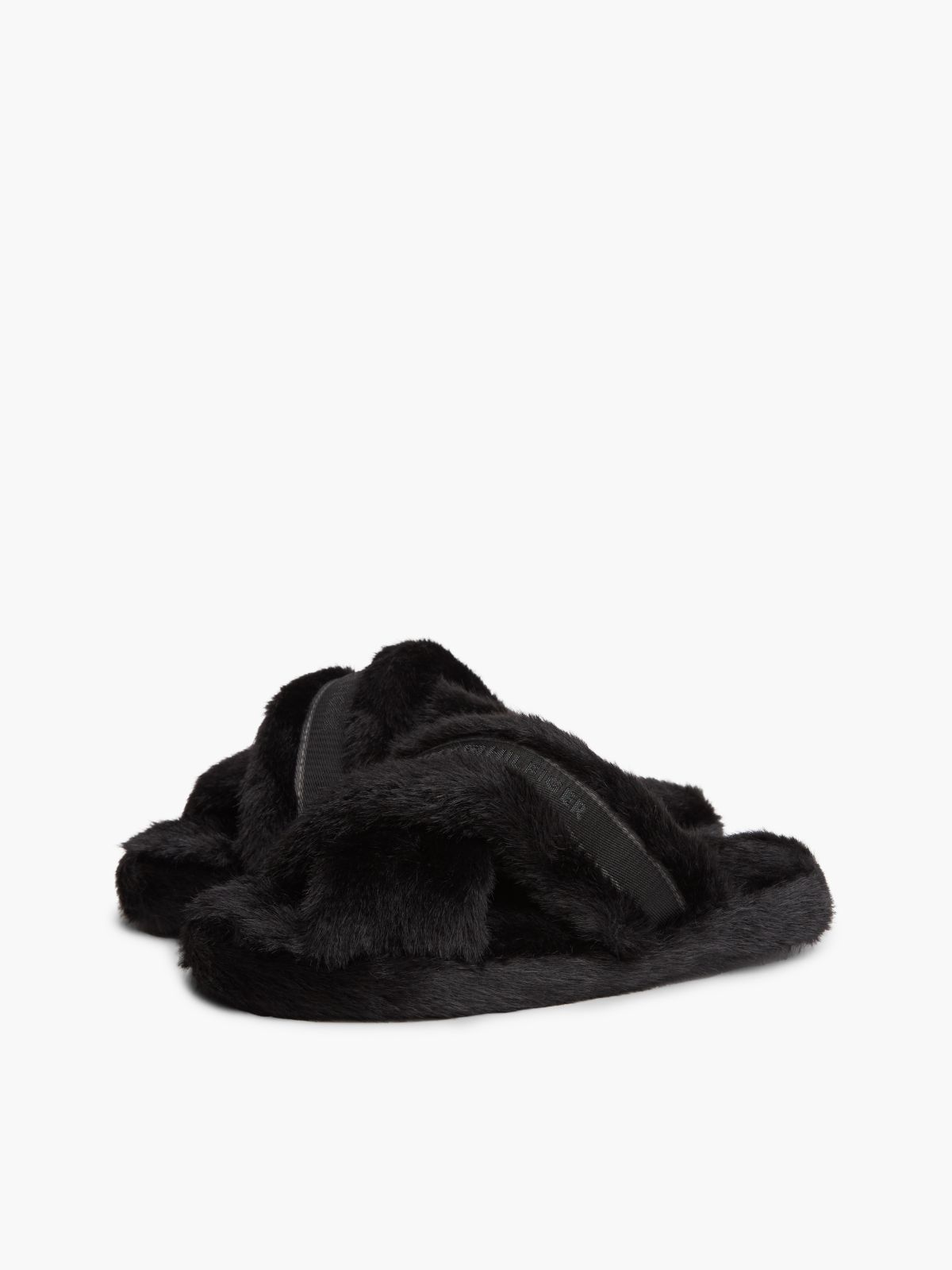 Faux Fur Crossover Strap Slippers — Black