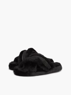 Faux Fur Crossover Strap Slippers — Black 2