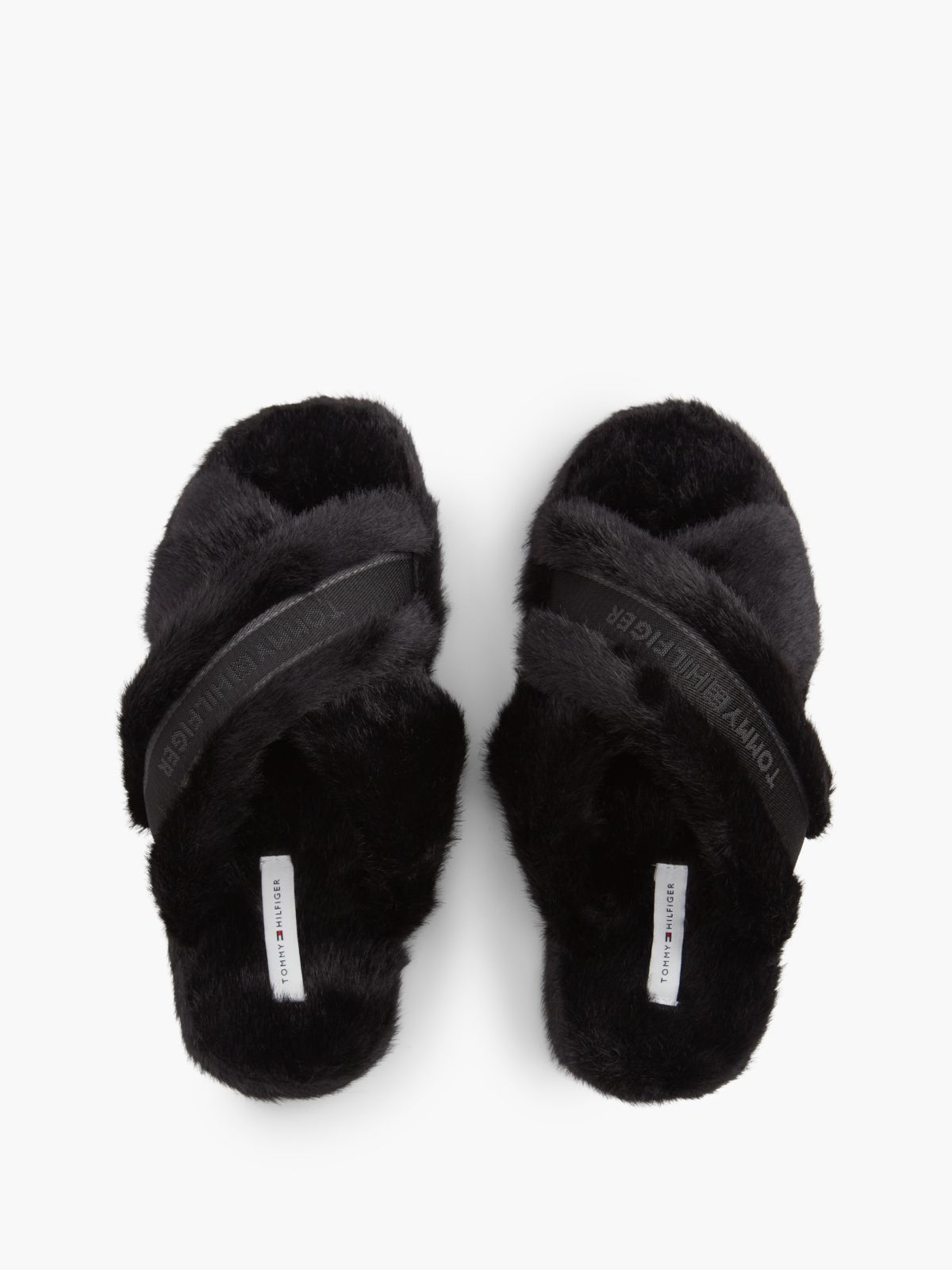 Faux Fur Crossover Strap Slippers — Black