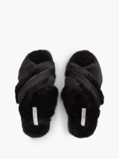 Faux Fur Crossover Strap Slippers — Black 3