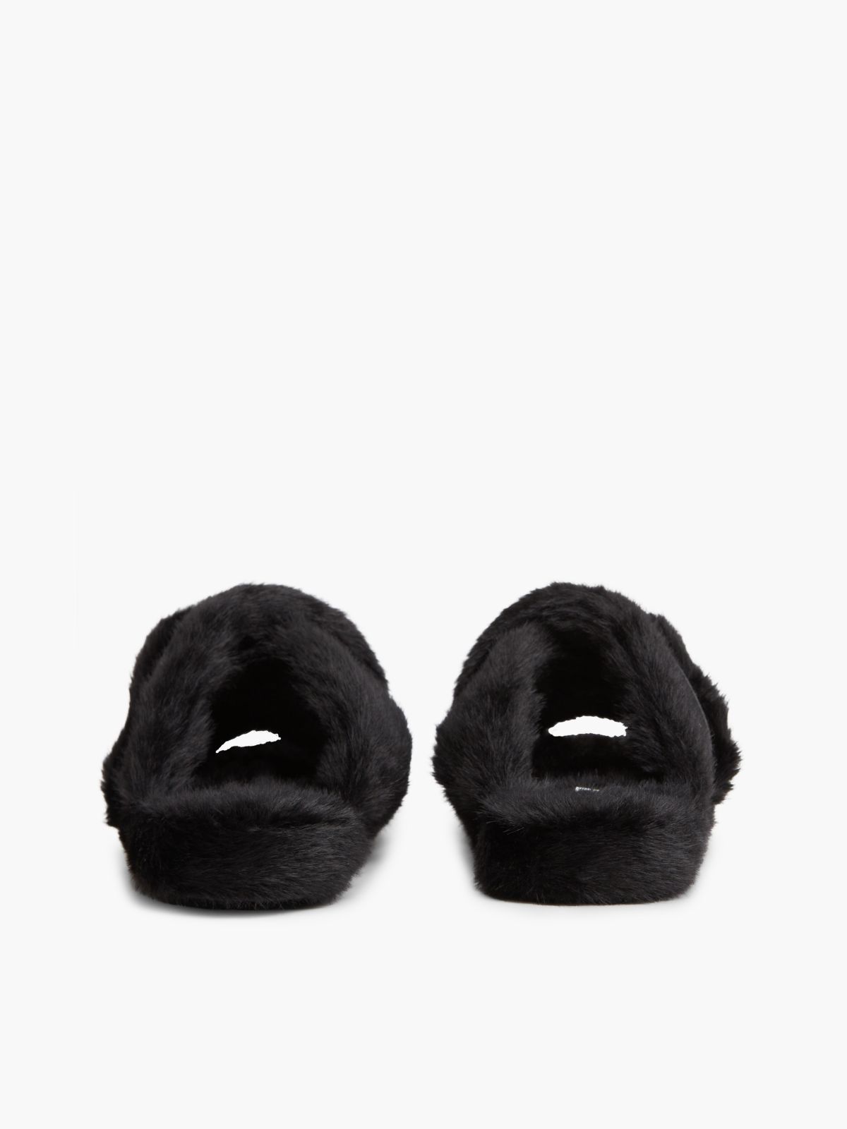 Faux Fur Crossover Strap Slippers — Black