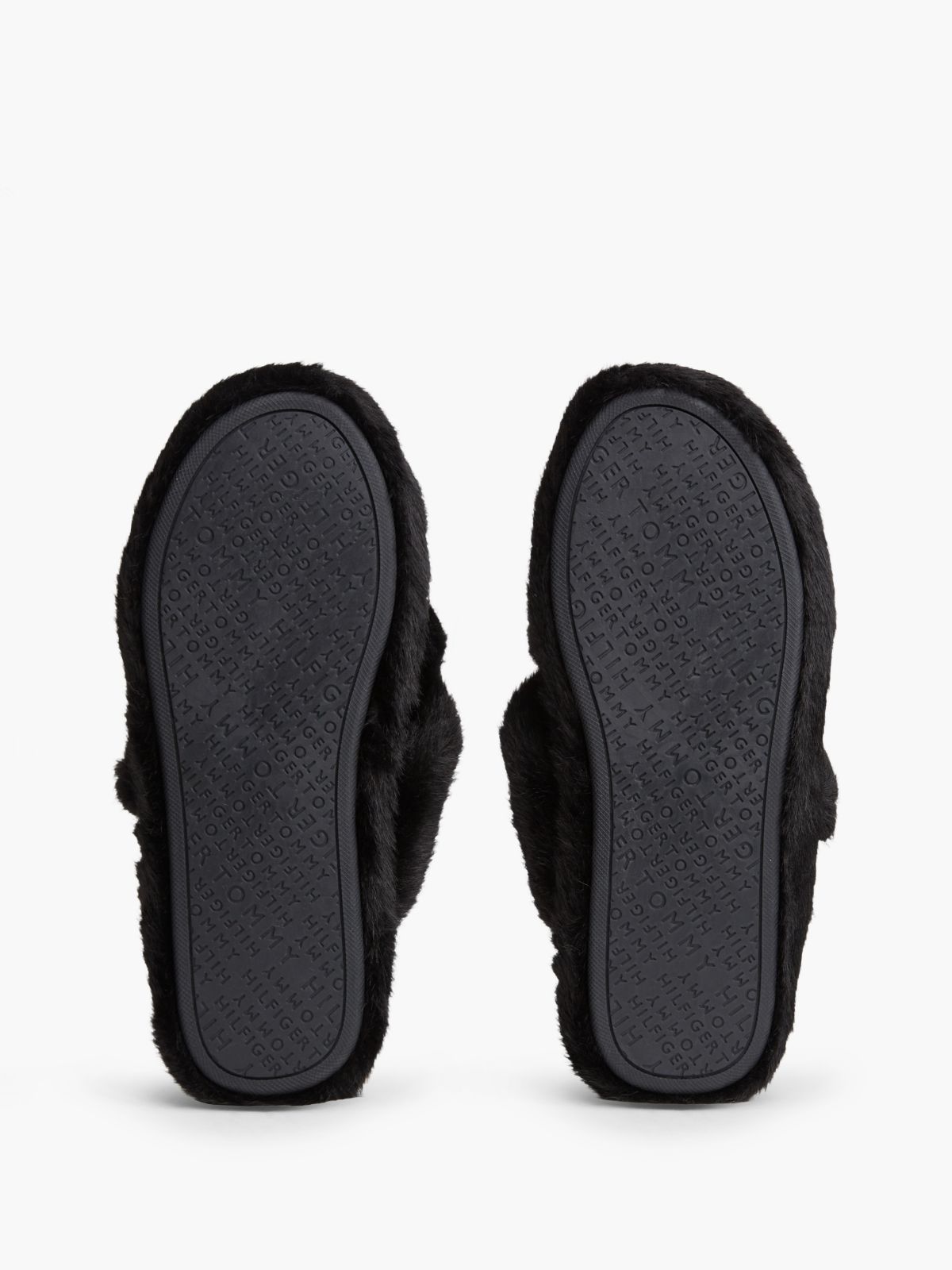 Faux Fur Crossover Strap Slippers — Black