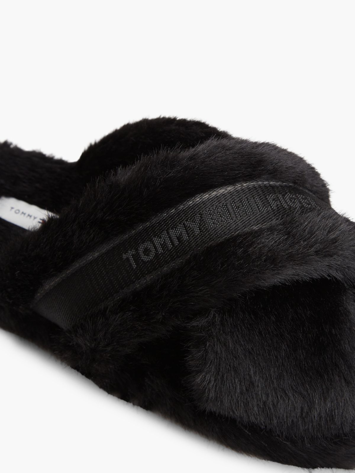 Faux Fur Crossover Strap Slippers — Black