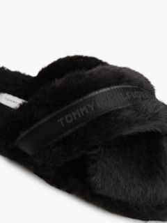 Faux Fur Crossover Strap Slippers — Black 6