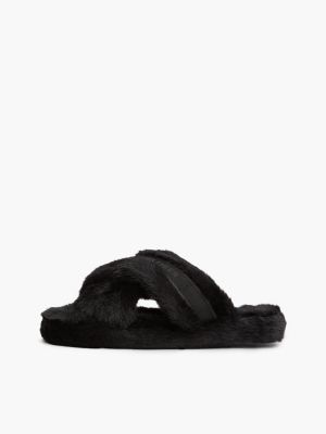 chaussons en fausse fourrure à brides croisées noir pour femmes tommy hilfiger