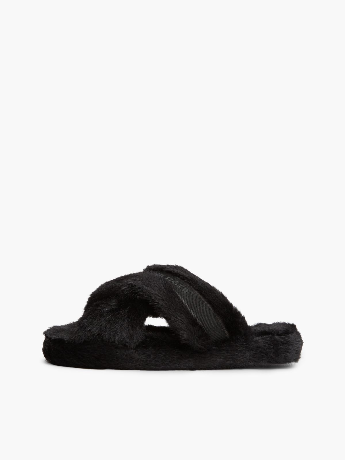 Faux Fur Crossover Strap Slippers — Black
