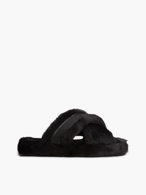 chaussons en fausse fourrure à brides croisées black pour femmes tommy hilfiger