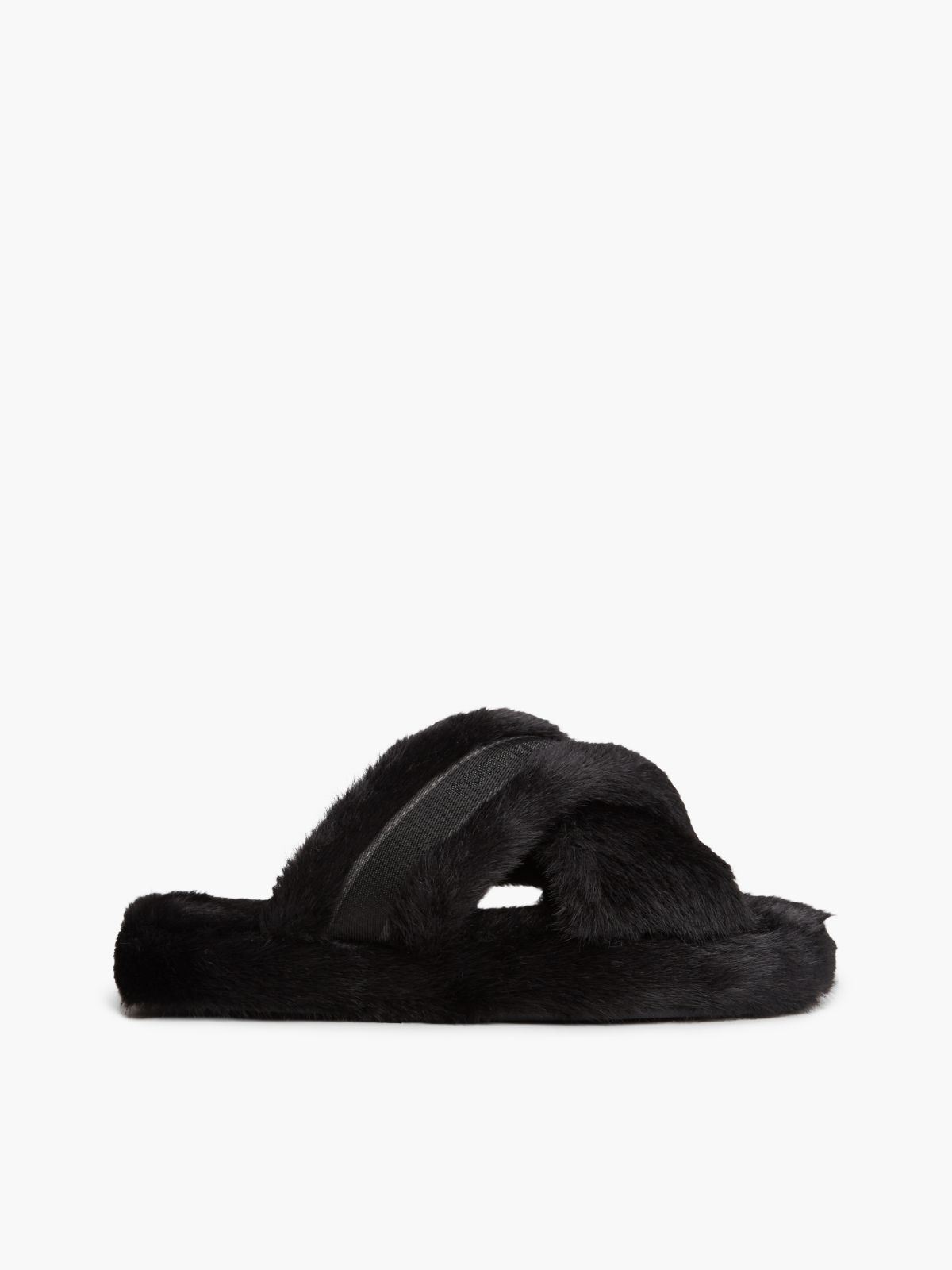 Faux Fur Crossover Strap Slippers — Black