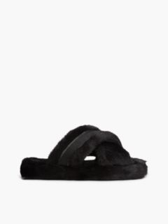 Faux Fur Crossover Strap Slippers — Black 1