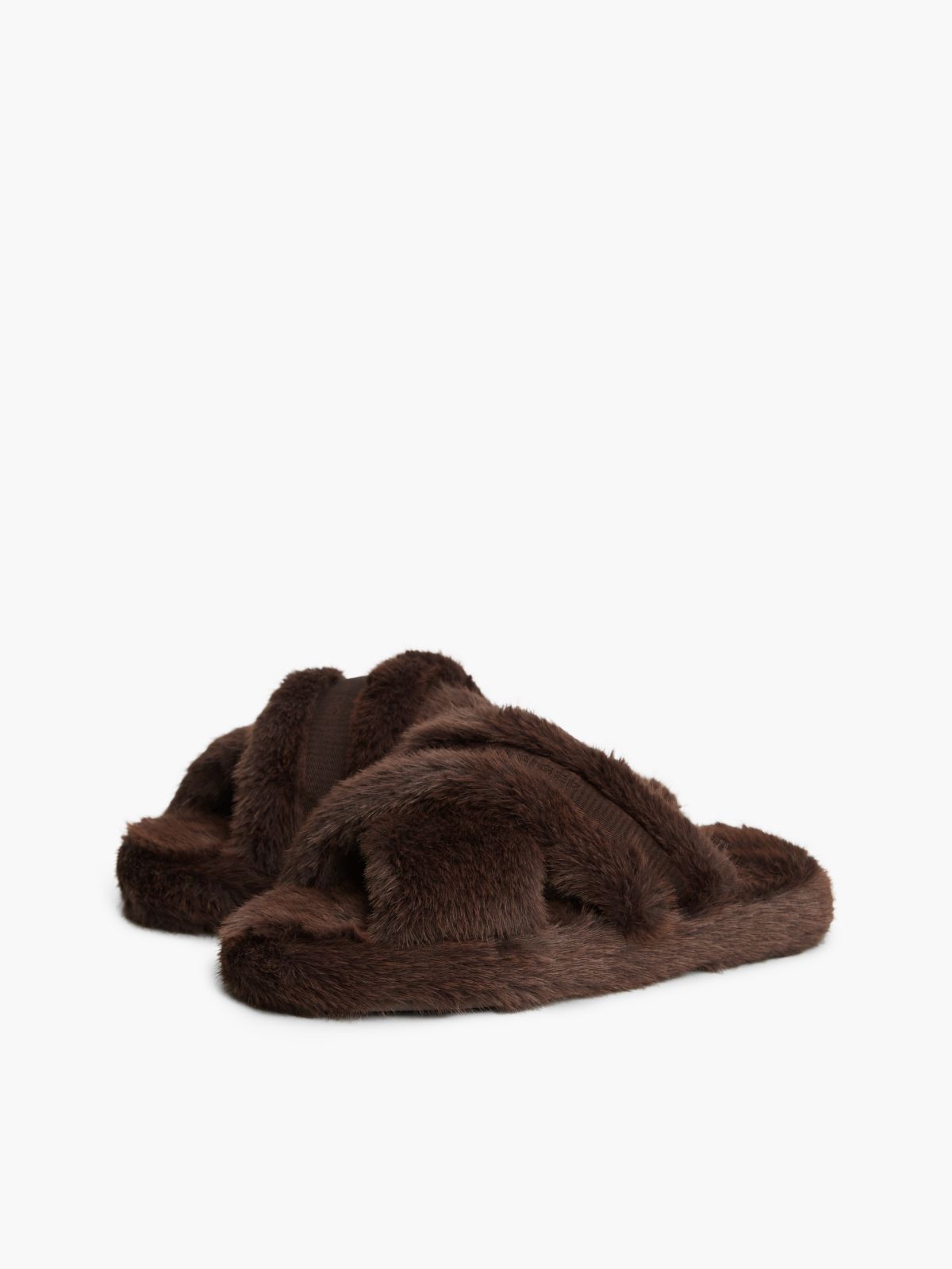 Faux Fur Crossover Strap Slippers — Brown