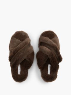 Faux Fur Crossover Strap Slippers — Brown 3
