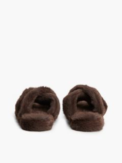 Faux Fur Crossover Strap Slippers — Brown 4