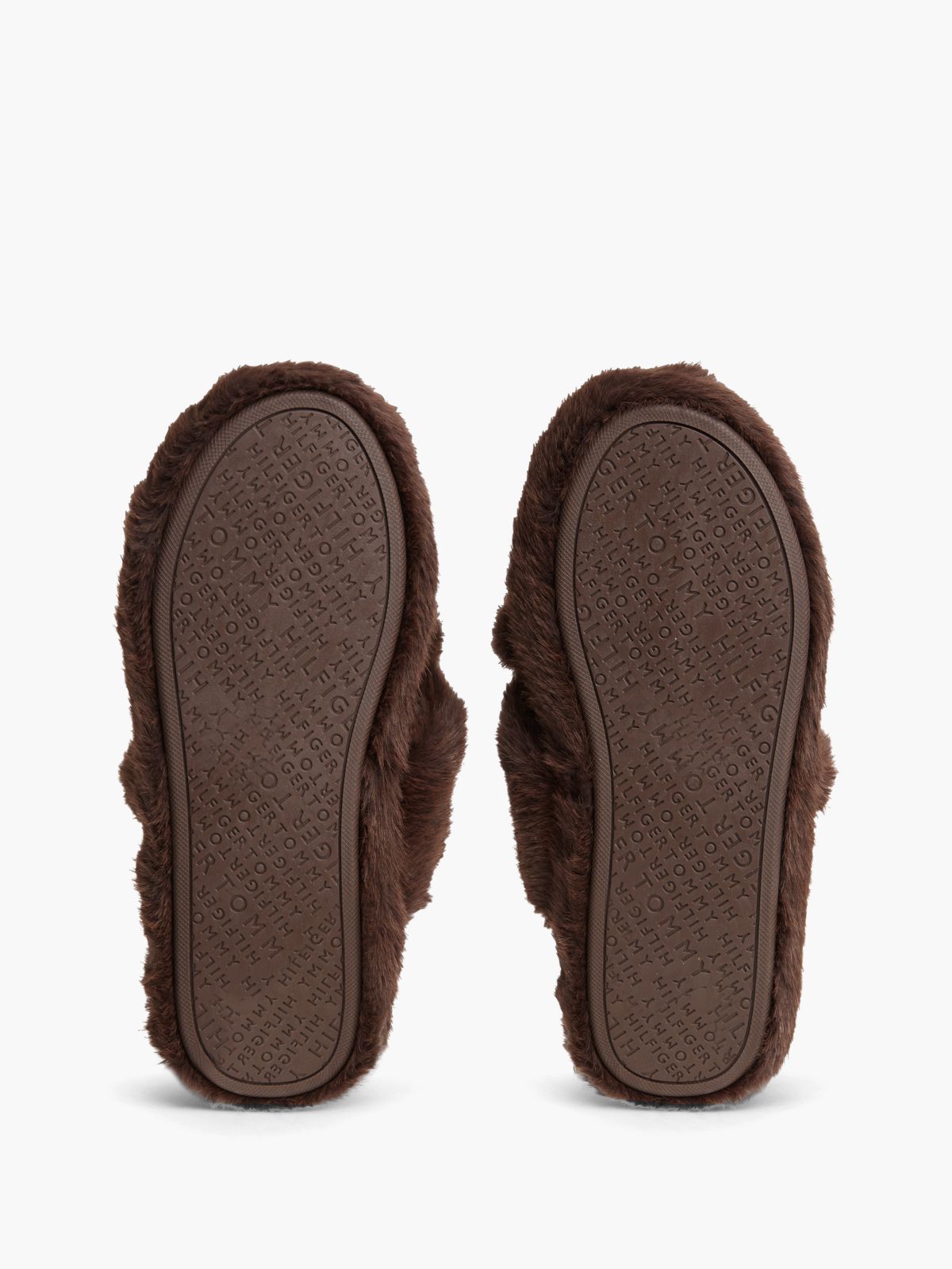 Faux Fur Crossover Strap Slippers — Brown