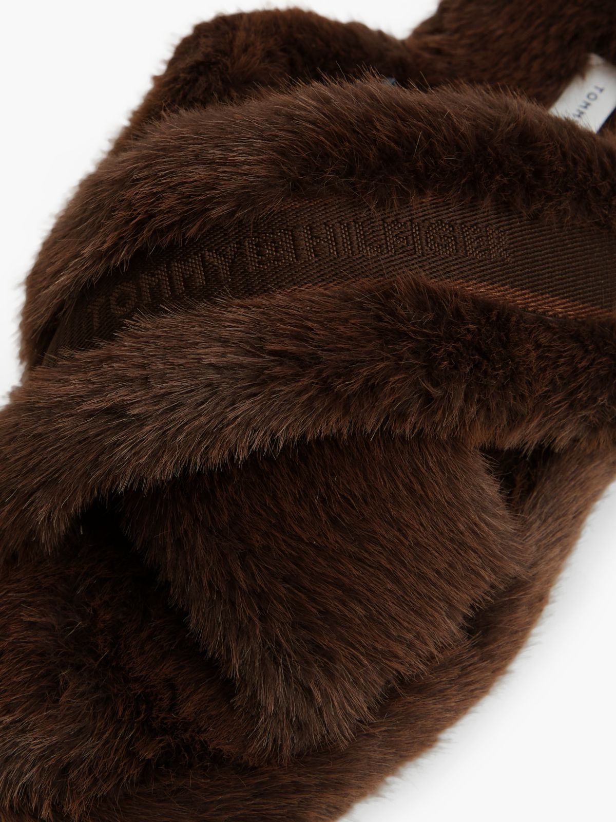 Faux Fur Crossover Strap Slippers — Brown
