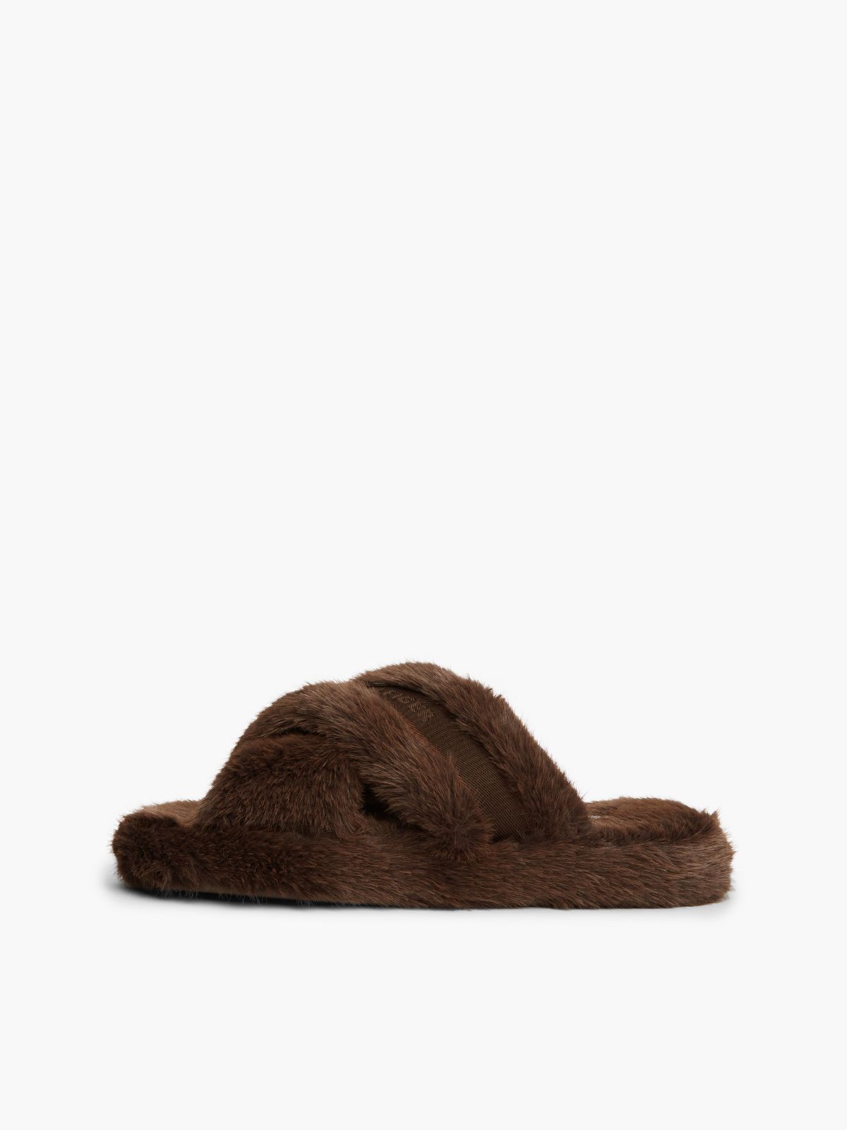 Faux Fur Crossover Strap Slippers — Brown