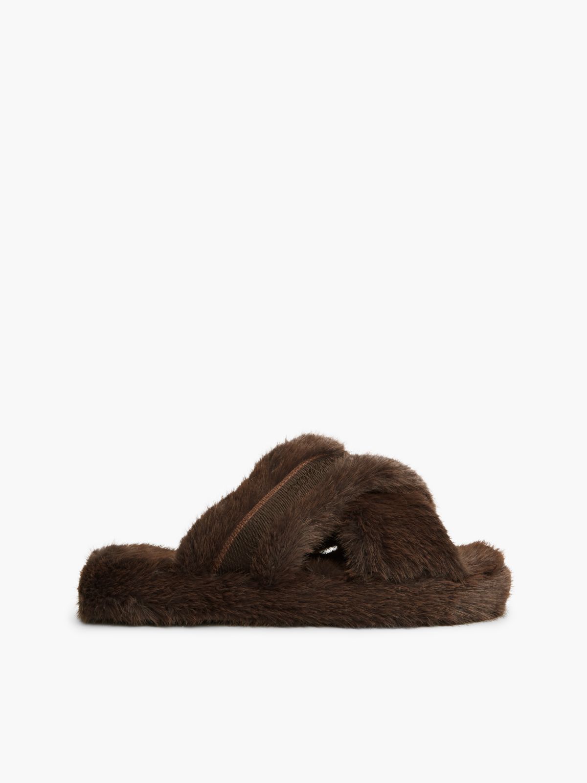 Faux Fur Crossover Strap Slippers — Brown