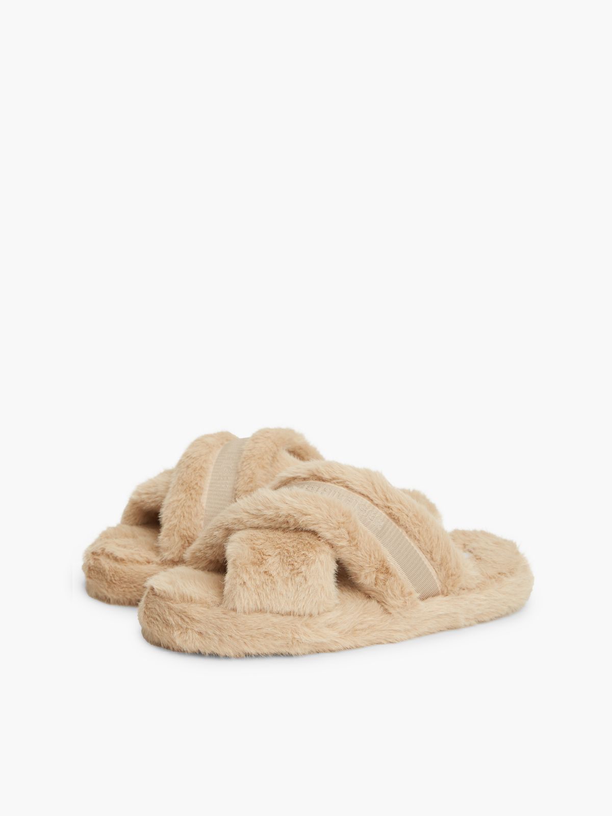 Faux Fur Crossover Strap Slippers — Pink