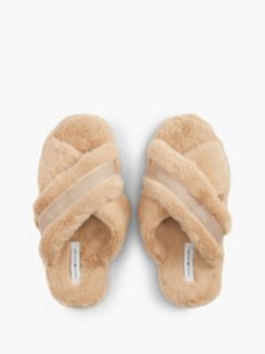 Faux Fur Crossover Strap Slippers — Pink 3