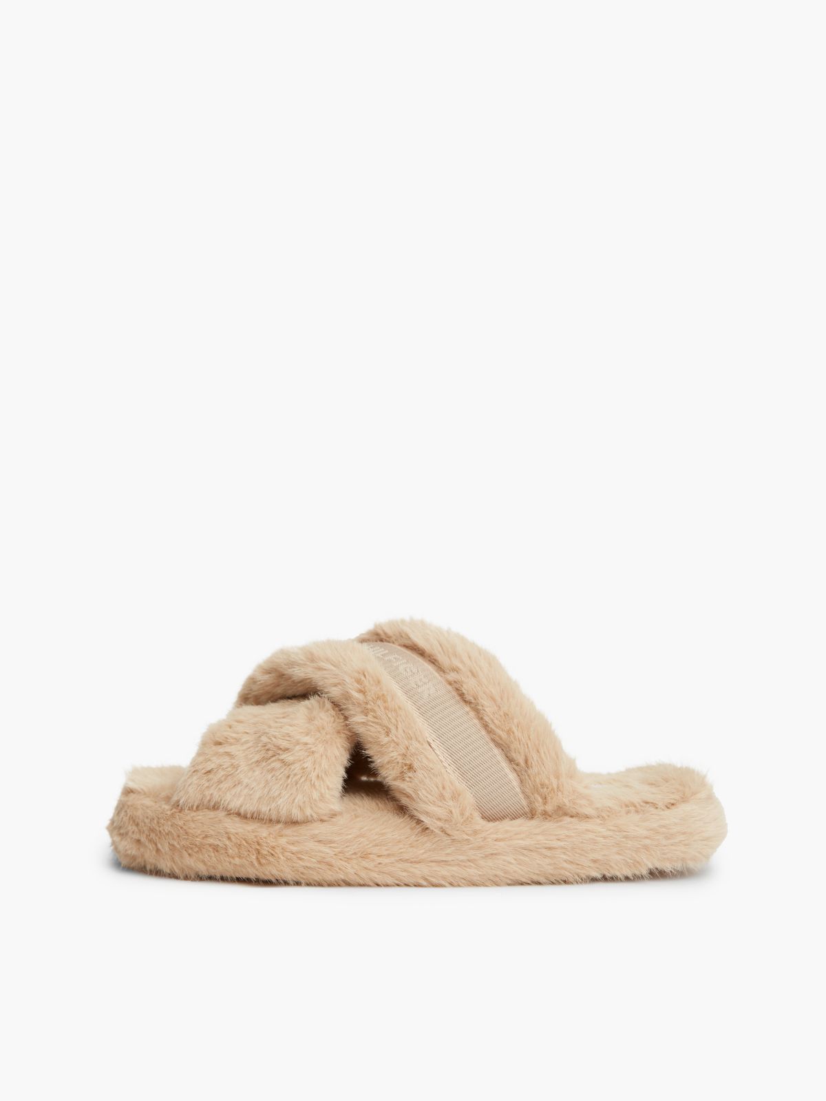 Faux Fur Crossover Strap Slippers — Pink