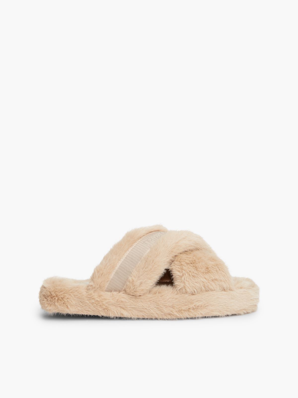 Faux Fur Crossover Strap Slippers — Pink