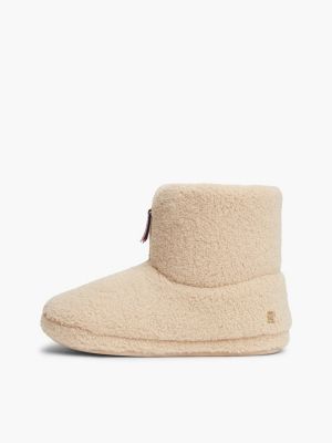 beige signature tape faux fur slipper boots for women tommy hilfiger