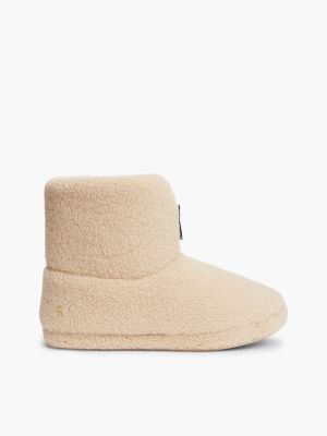 beige slipper-laars van imitatiebont met signature-tape voor dames - tommy hilfiger