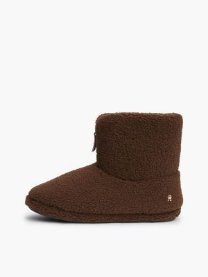 braun kunstfell-hausschuhstiefel mit tommy-tape für damen - tommy hilfiger