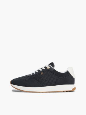 blue th monogram plaque suede trainers for women tommy hilfiger