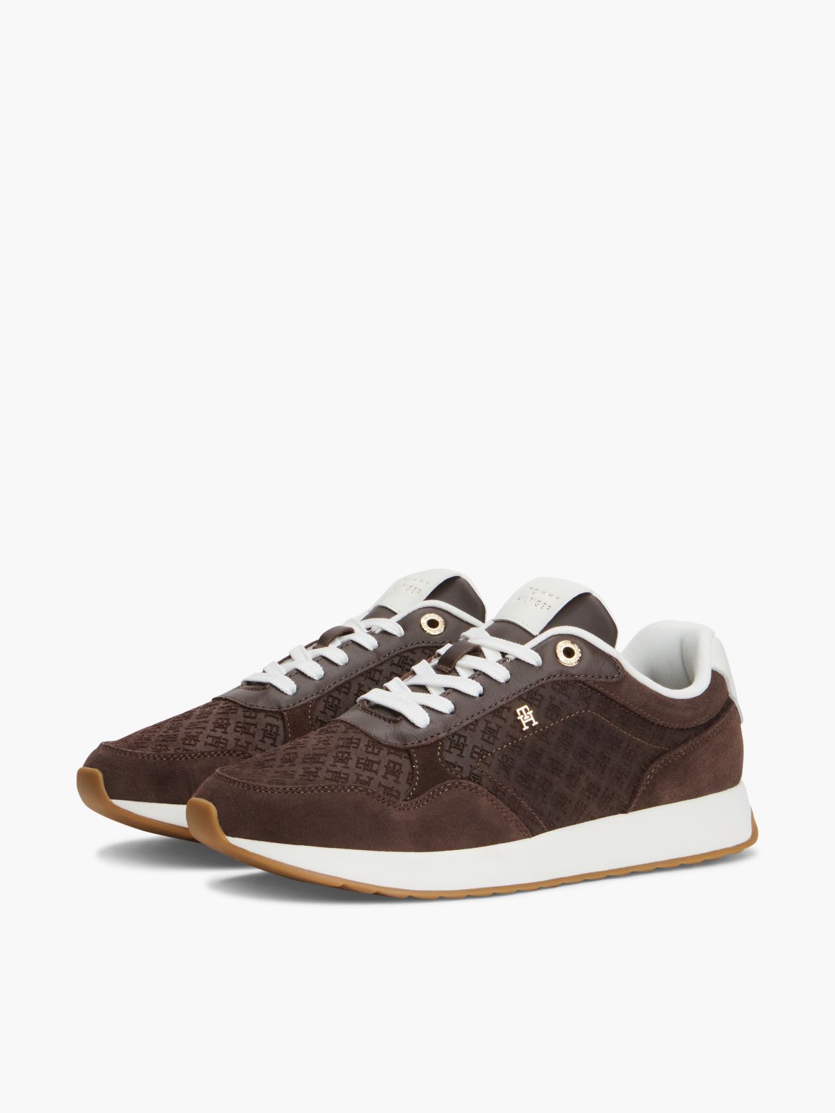 TH Monogram Plaque Suede Trainers — Brown