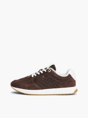 brown th monogram plaque suede trainers for women tommy hilfiger