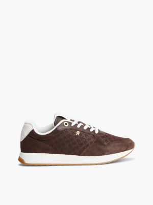 brown th monogram plaque suede trainers for women tommy hilfiger