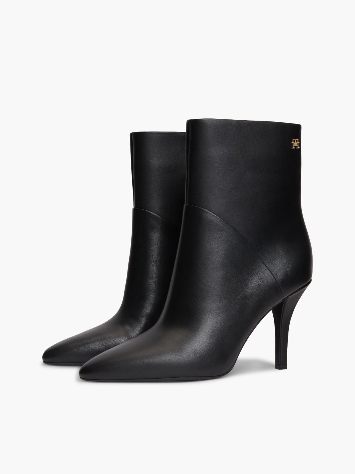 Leather Pointed Toe Heeled Ankle Boots — Black